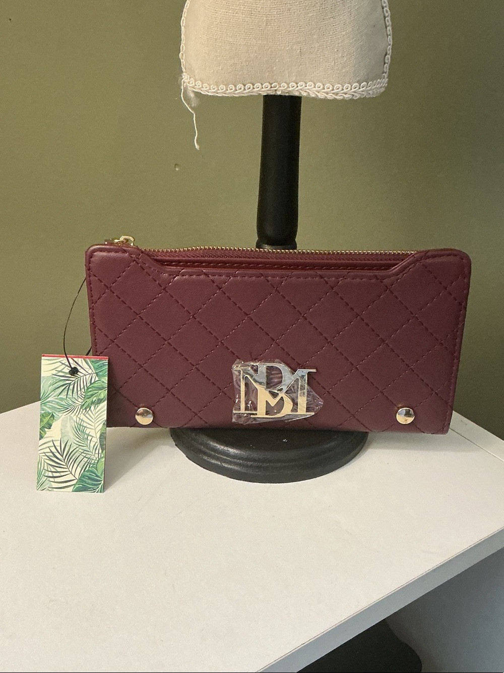 Badgley Mischka NWT Quilted Wine Clutch Long Wallet with Monogram Emblem